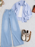 Blue Lining Button-Down Shirt White Tank Top & Ice-Blue Vintage Wide Leg Jeans