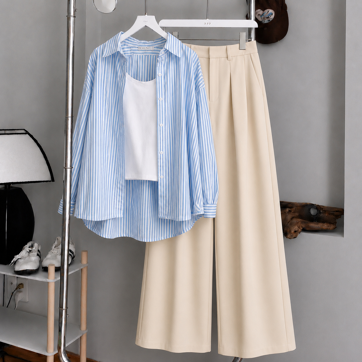 Sky-Blue Lining Button Down Shirt With White Inner & Beige Formal Pant