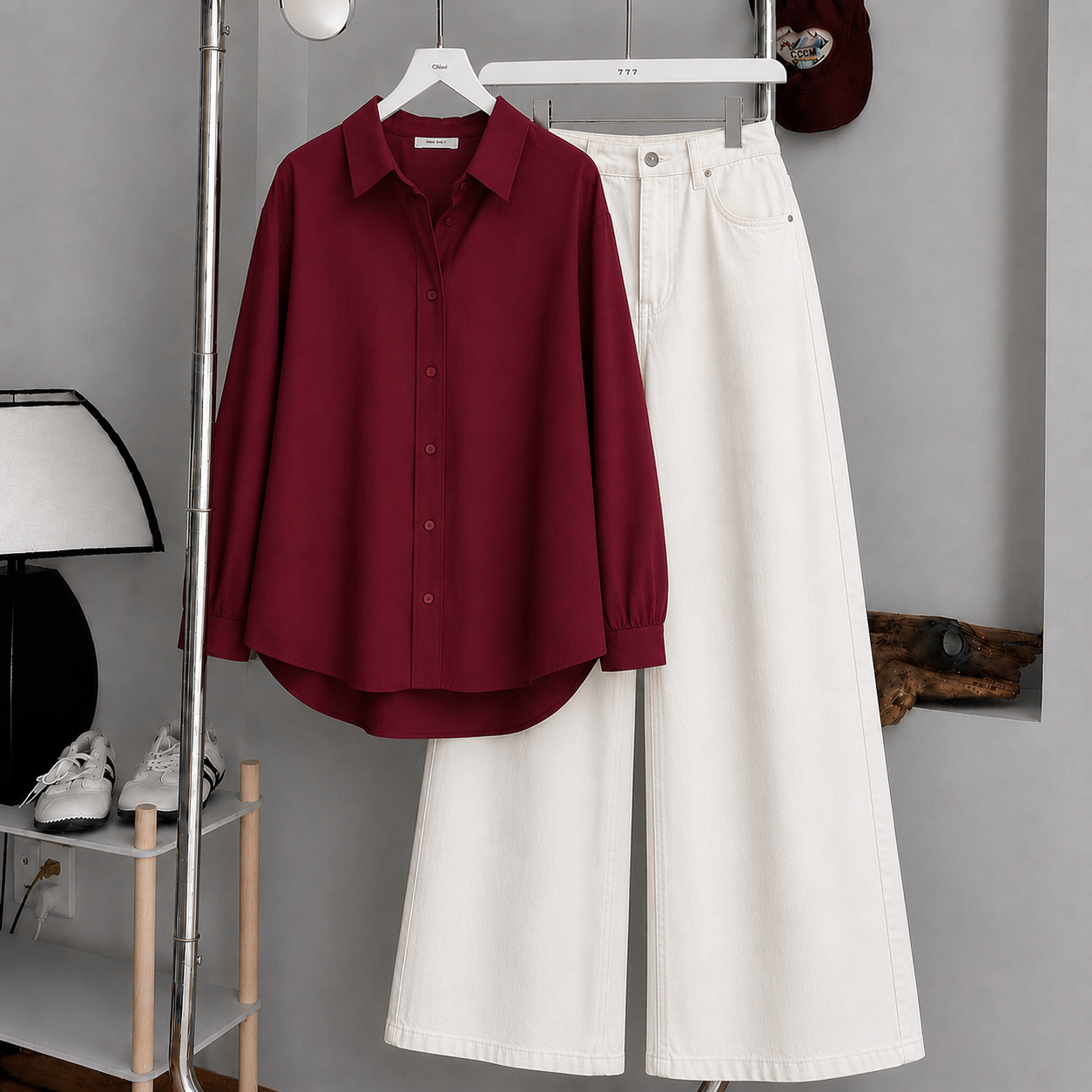 Maroon Button Down Shirt & White Wide Leg Jeans