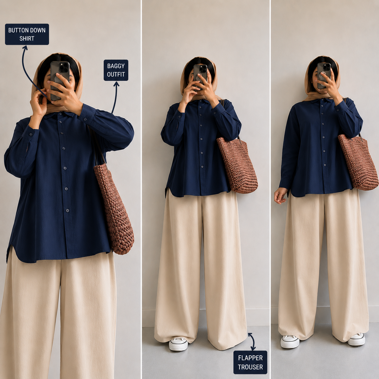 Navy-Blue Button Down Shirt & Beige Flapper Trouser