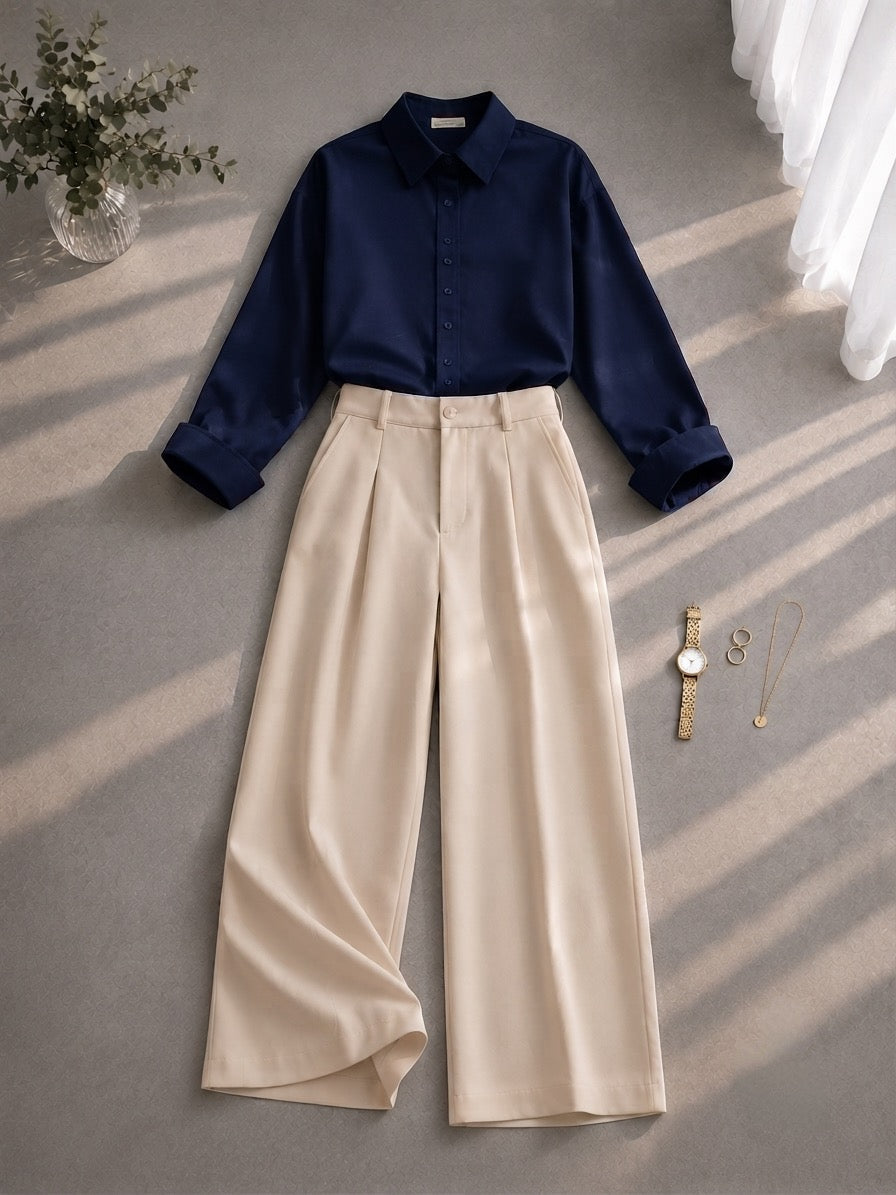 Navy-Blue Button Down Shirt & Beige Formal Pants