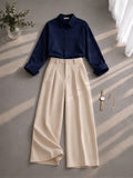 Navy-Blue Button Down Shirt & Beige Formal Pants