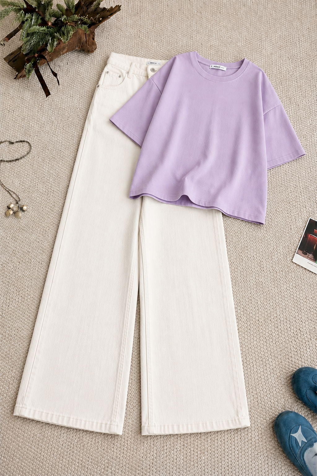 Lilac Drop Shoulder With White Wide Leg Jeans