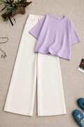 Lilac Drop Shoulder With White Wide Leg Jeans