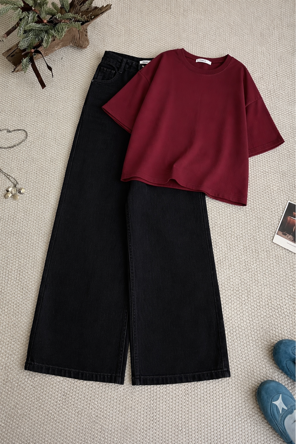 Maroon Drop Shoulder With Black Wide Leg Jeans