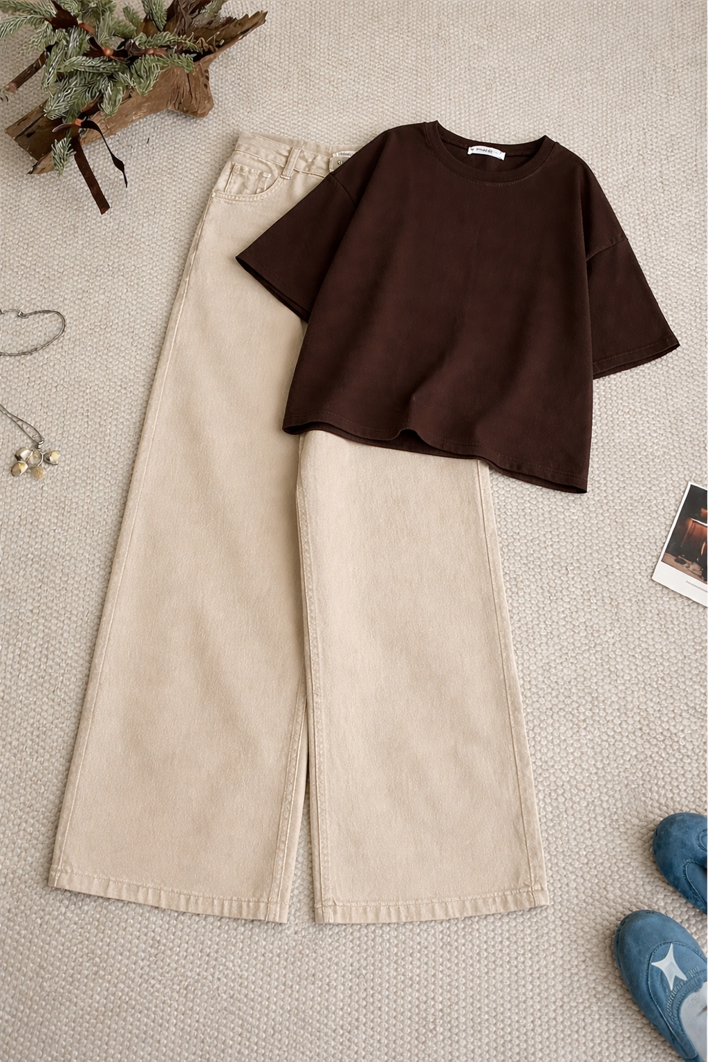 Brown Drop Shoulder With Beige Wide Leg Jeans