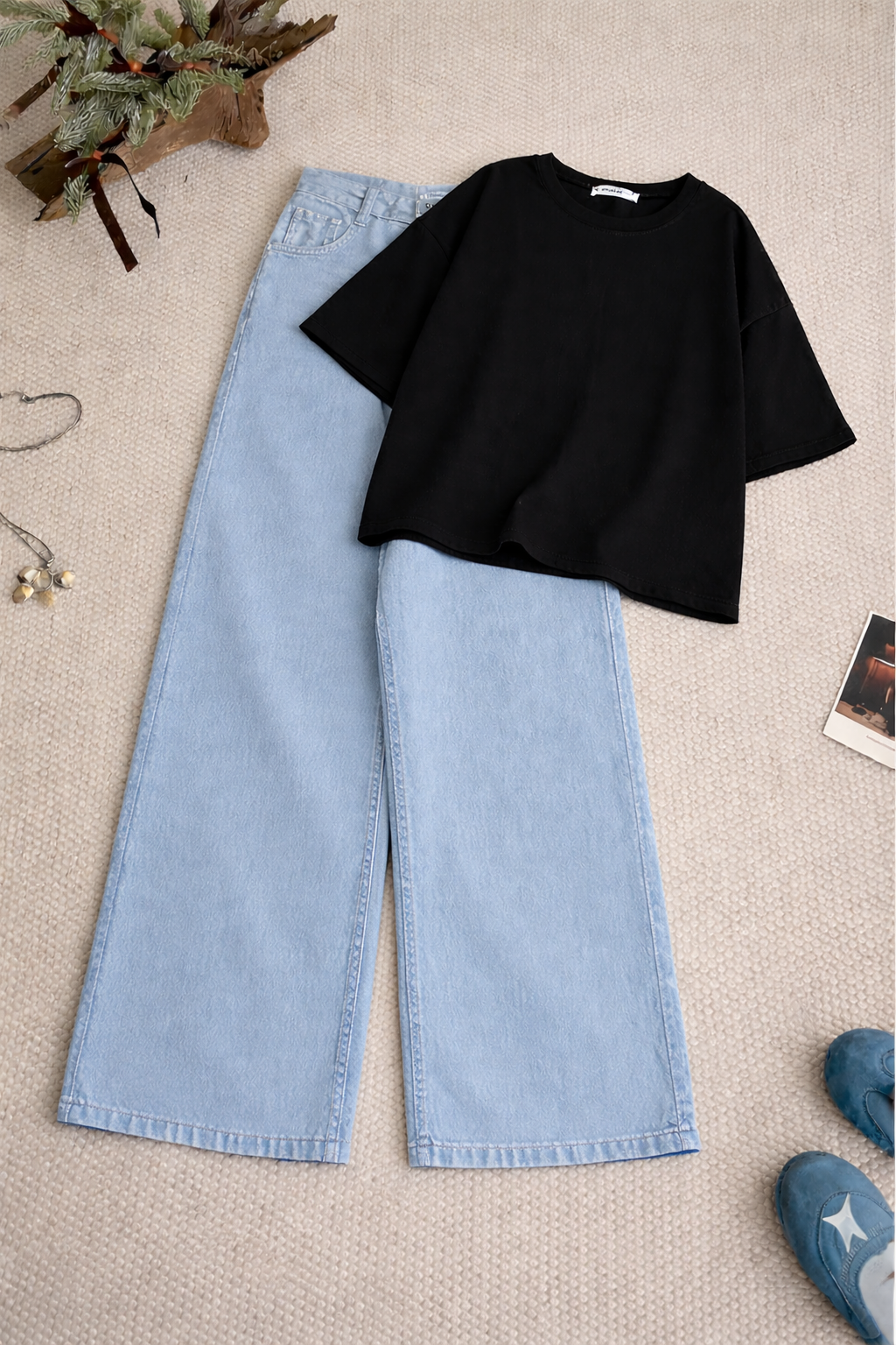 Black Drop Shoulder With Ice-Blue Wide Leg Jeans