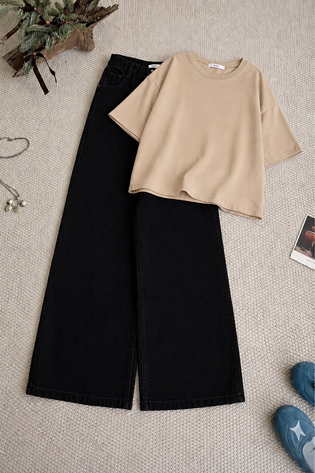 Beige Drop Shoulder With Black Wide Leg Jeans