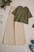 Olive-Green Drop Shoulder With Beige Wide Leg Jeans