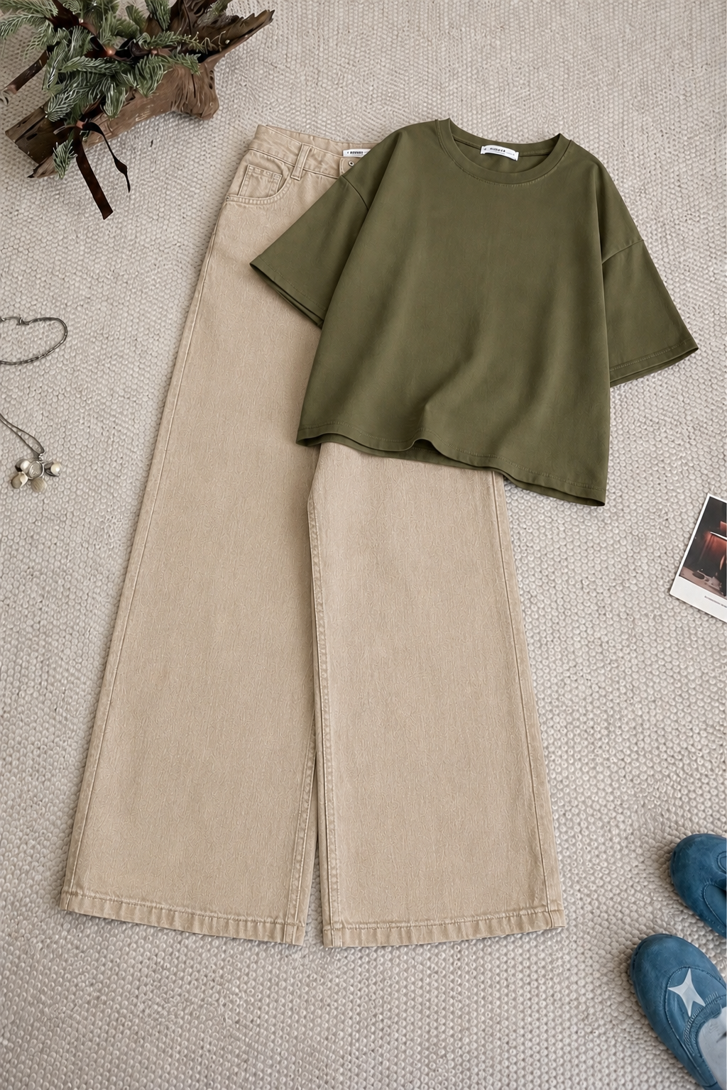 Olive-Green Drop Shoulder With Beige Wide Leg Jeans