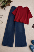 Maroon Drop Shoulder With Dark-Blue Wide Leg Jeans
