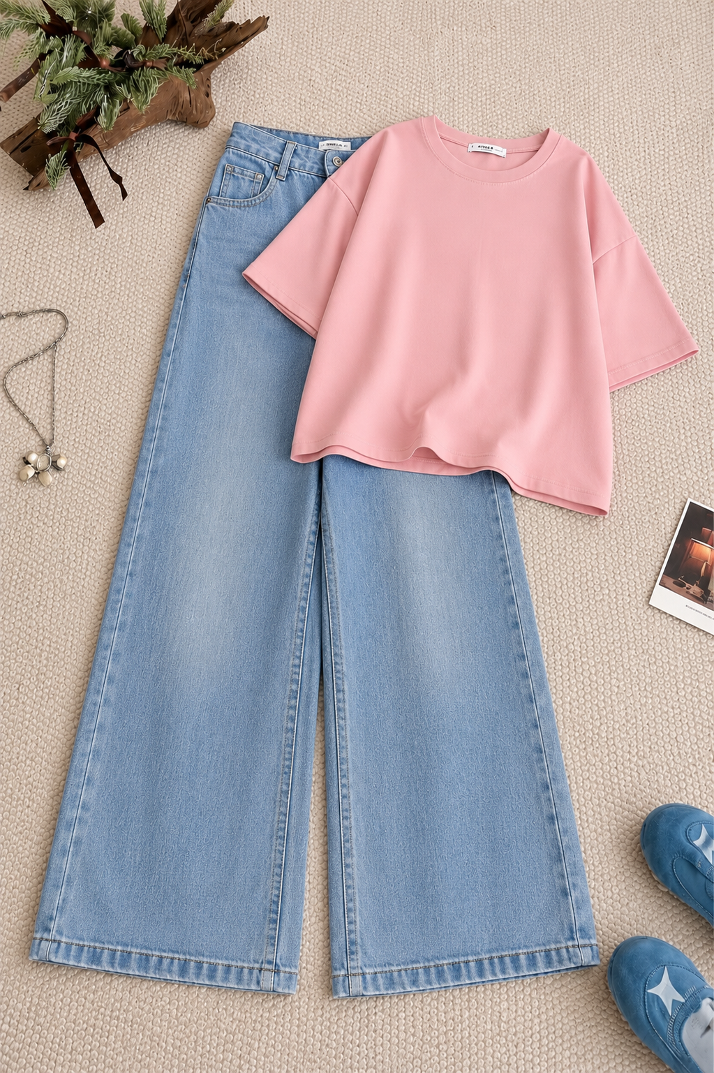 Baby Pink Drop Shoulder With Ice-Blue Wide Leg Jeans