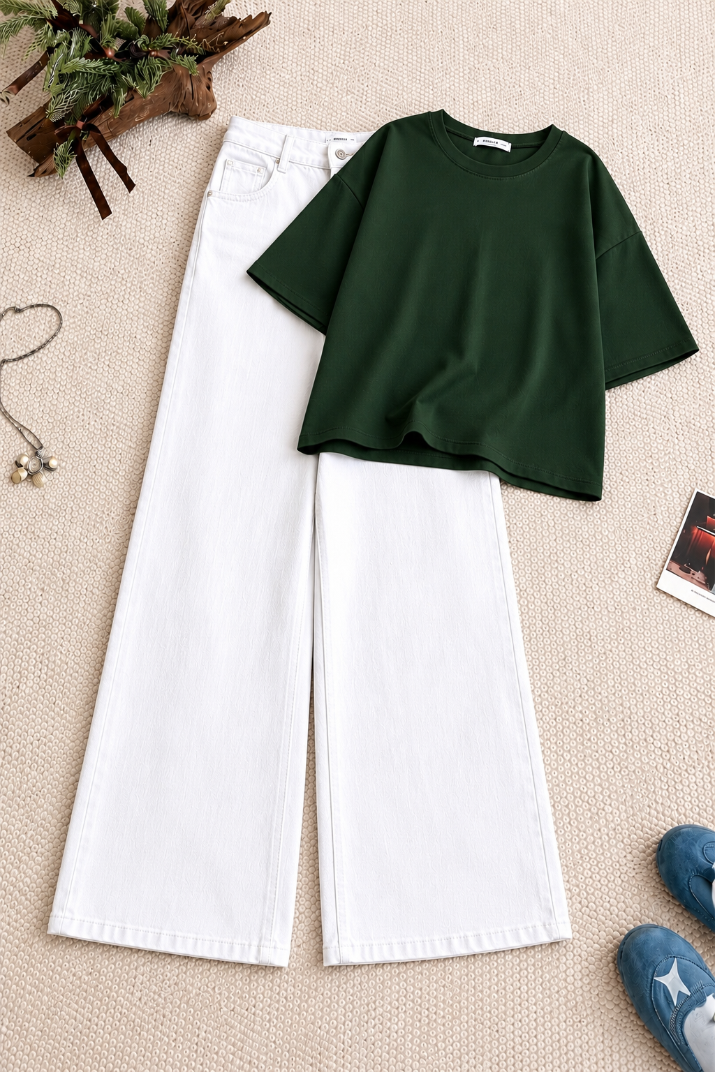 Bottle Green Drop Shoulder With White Wide Leg Jeans