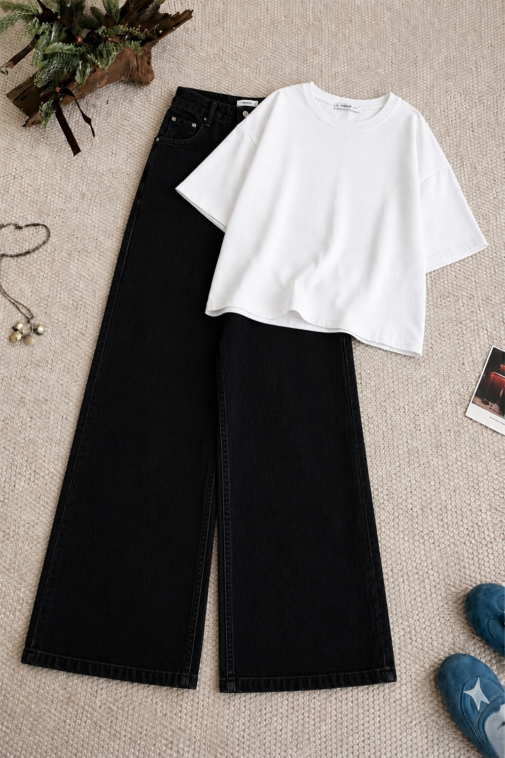 White Drop Shoulder With Black Wide Leg Jeans h