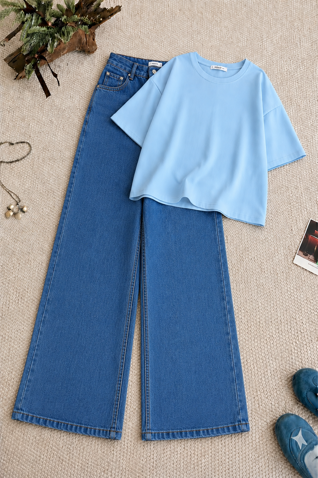 Sky-Blue Drop Shoulder With Mid-Blue Wide Leg Jeans