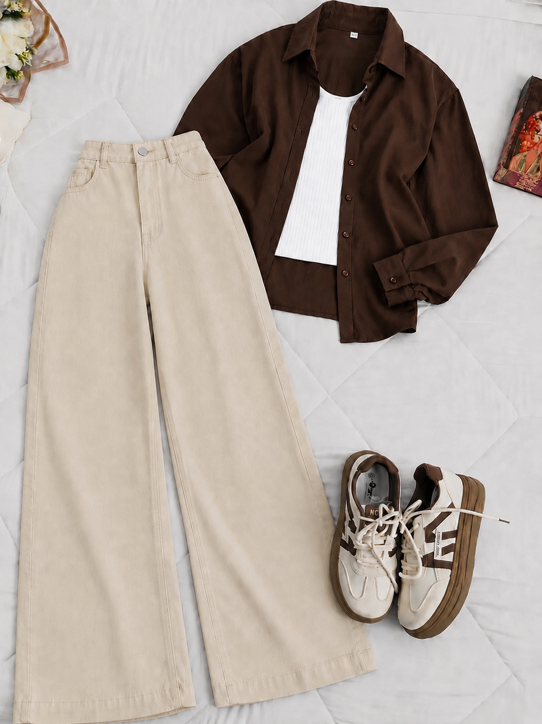 Brown Button-Down Shirt With White Tank Top & Beige Wide Leg Jeans