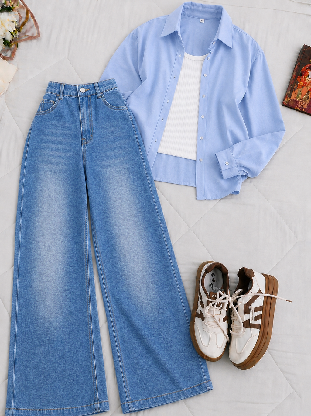 Sky-Blue Button-Down Shirt White Tank Top & Faded Bright Blue Wide Leg Jeans