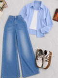 Sky-Blue Button-Down Shirt White Tank Top & Faded Bright Blue Wide Leg Jeans