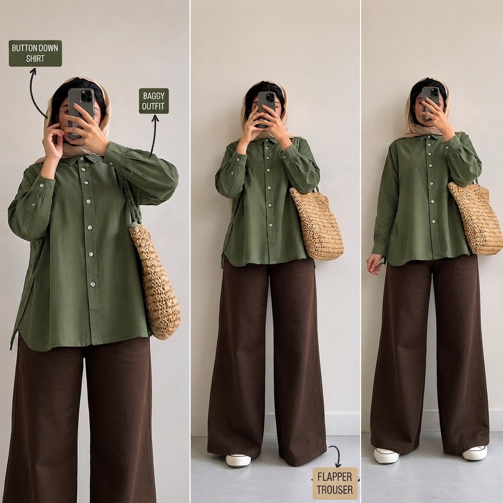 Olive-Green Button Down Shirt & Brown Flapper Trouser