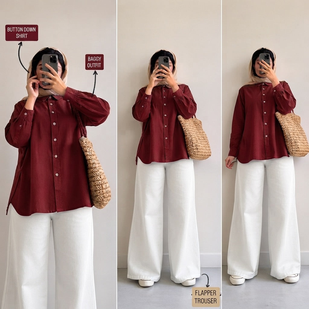 Maroon Button Down Shirt & White Flapper Trouser