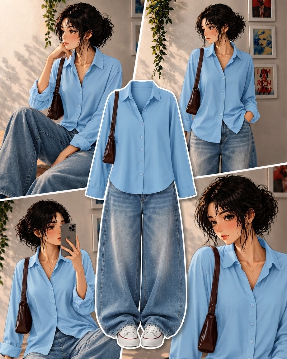 Sky-Blue Button Down Shirt & Faded Mid-Blue Baggy Jeans