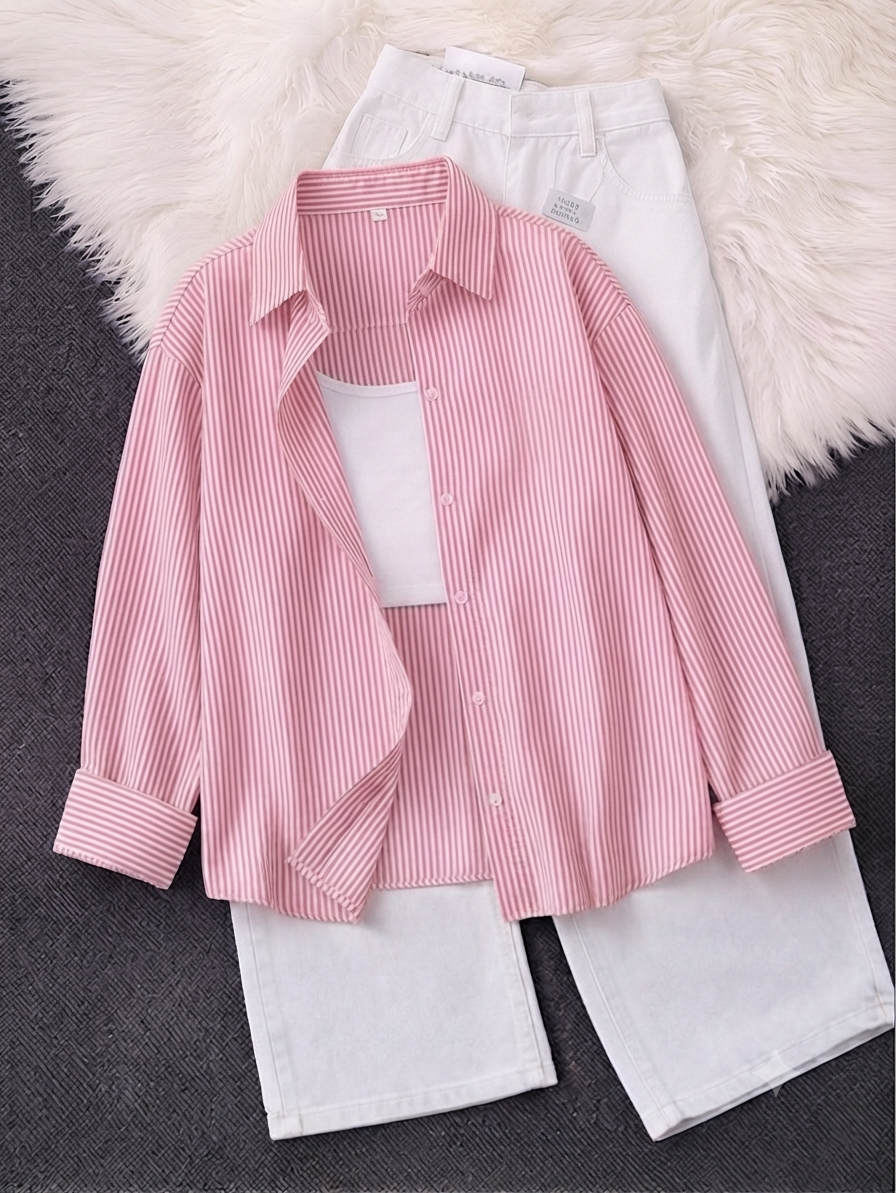 Pink Striped Button-Down Shirt With White Tank Top & White Wide Leg Jeans