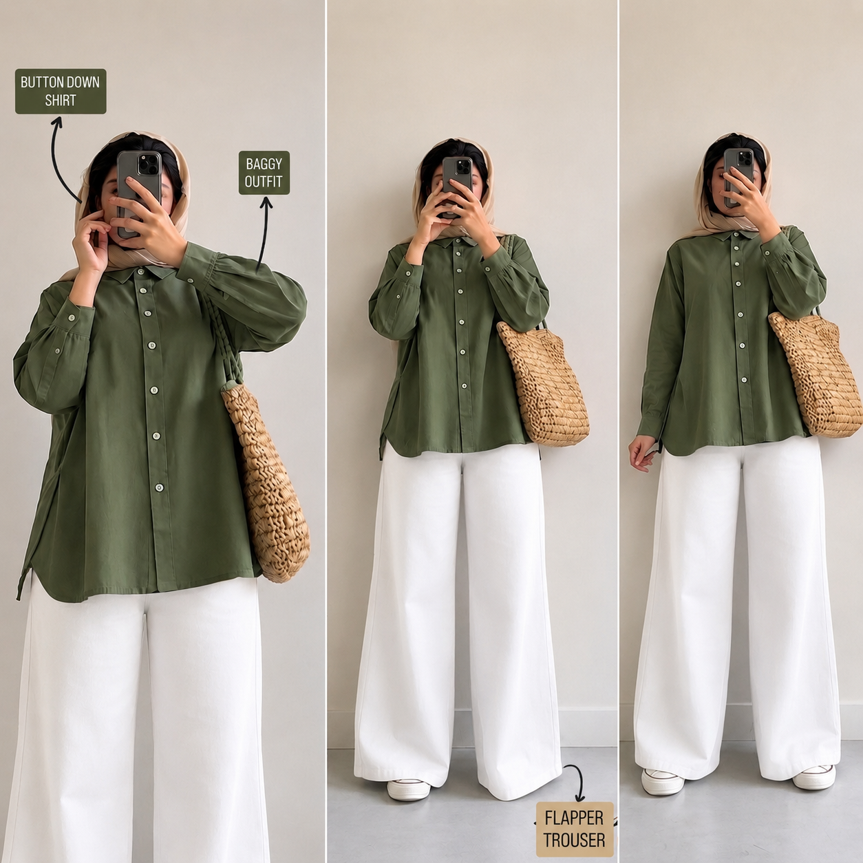 Olive-Green Button Down Shirt & White Flapper Trouser