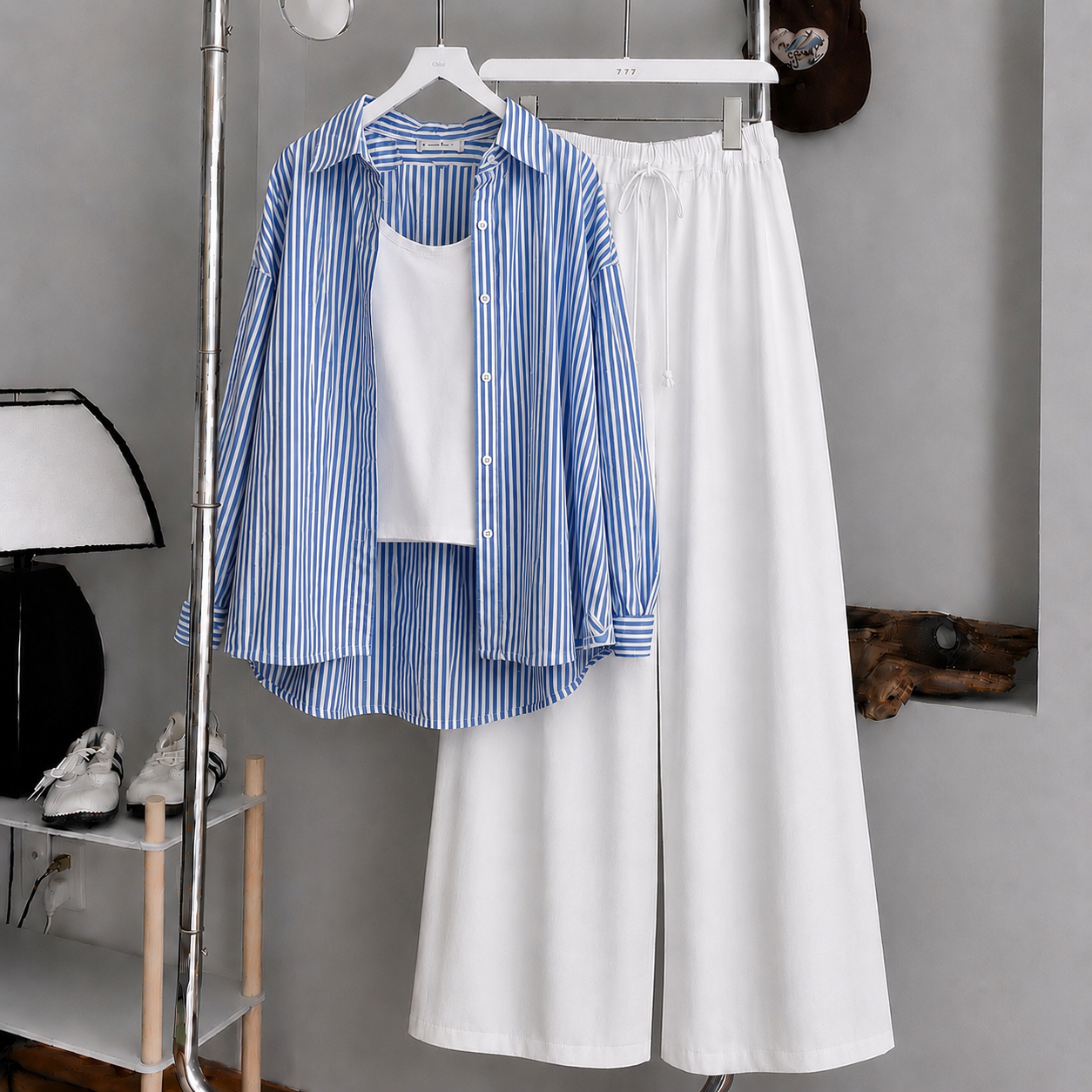 -Blue Striped Button Down Shirt With White Inner & White Flapper Trouser