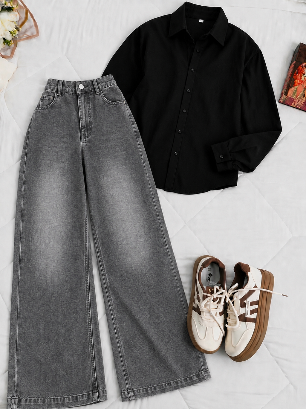 Black Button Down Shirt & Grey Baggy Jeans