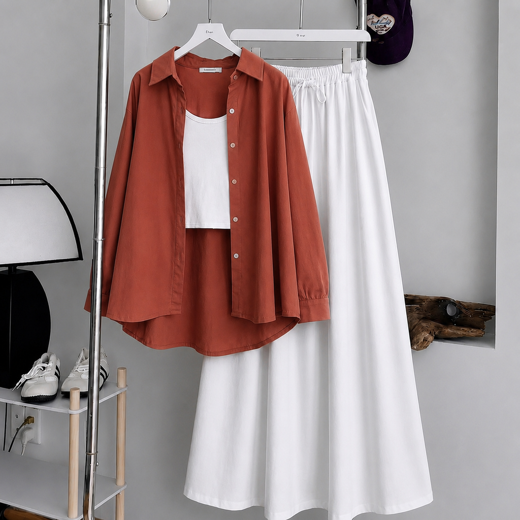 Rust Brown Button-Down Shirt & White Flowy Maxi Skirt