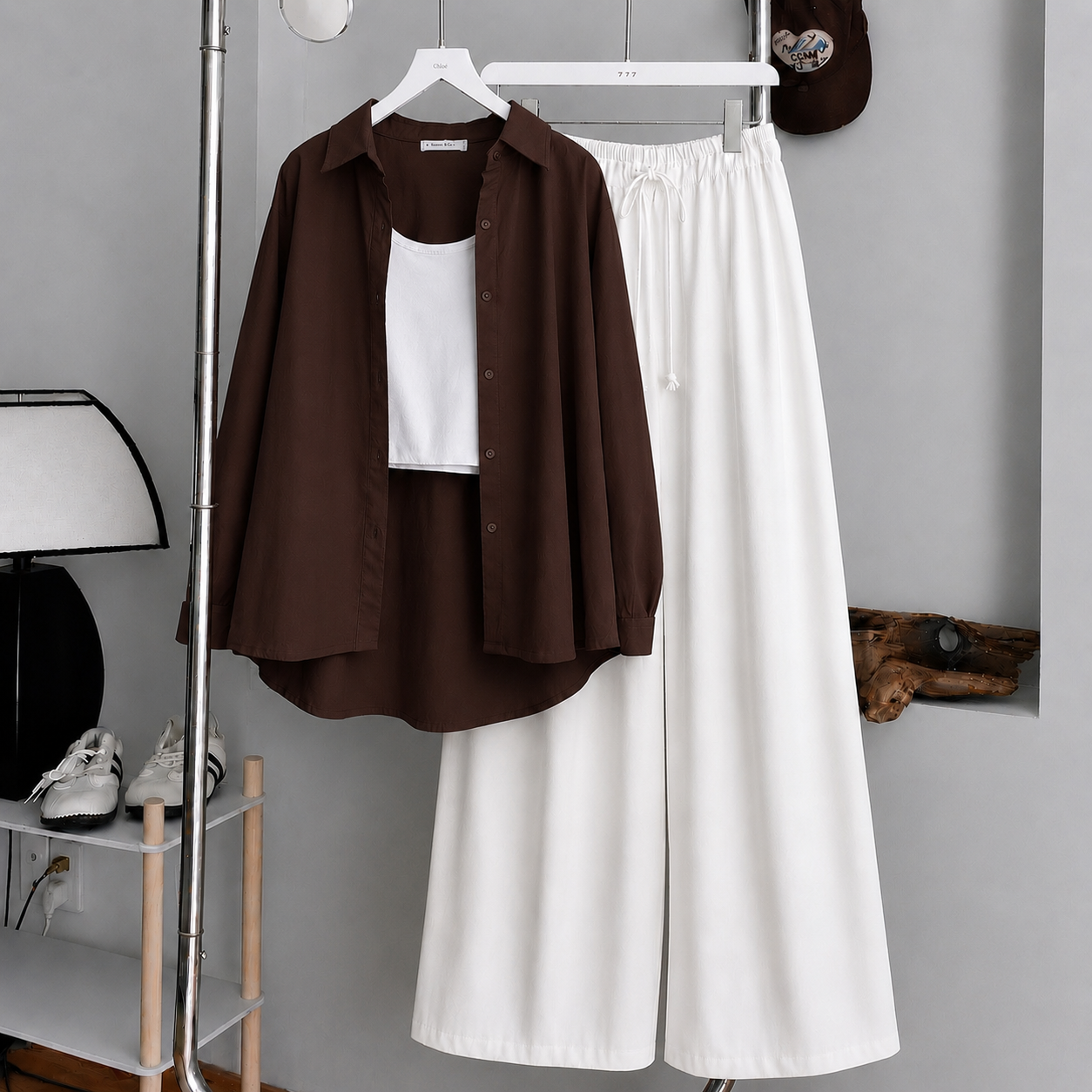 Brown Button Down Shirt With White Tank Top & White Flapper Trouser