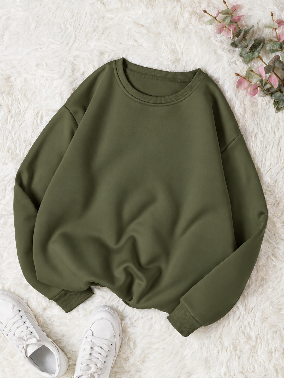 Olive Green Basic Winter Sweatshirt