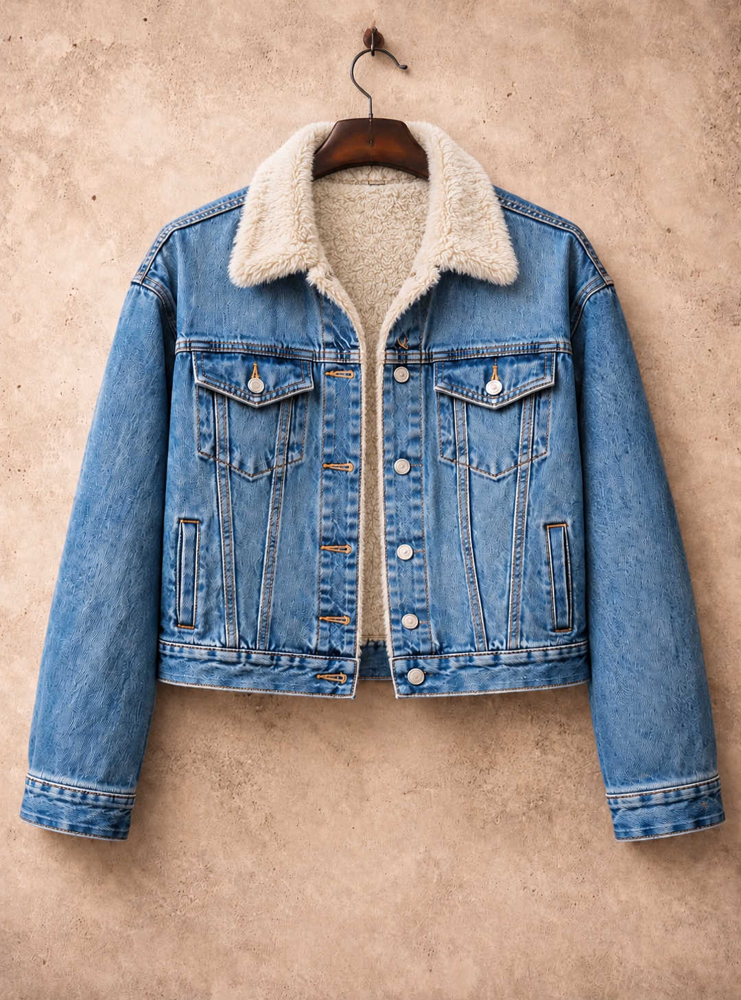 Mid Blue Full Fur-Lined Denim Jacket