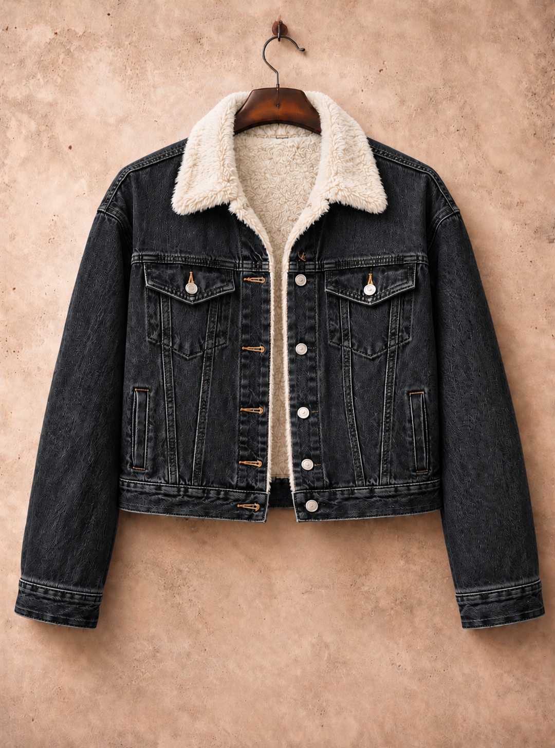 Black Full Fur-Lined Denim Jacket