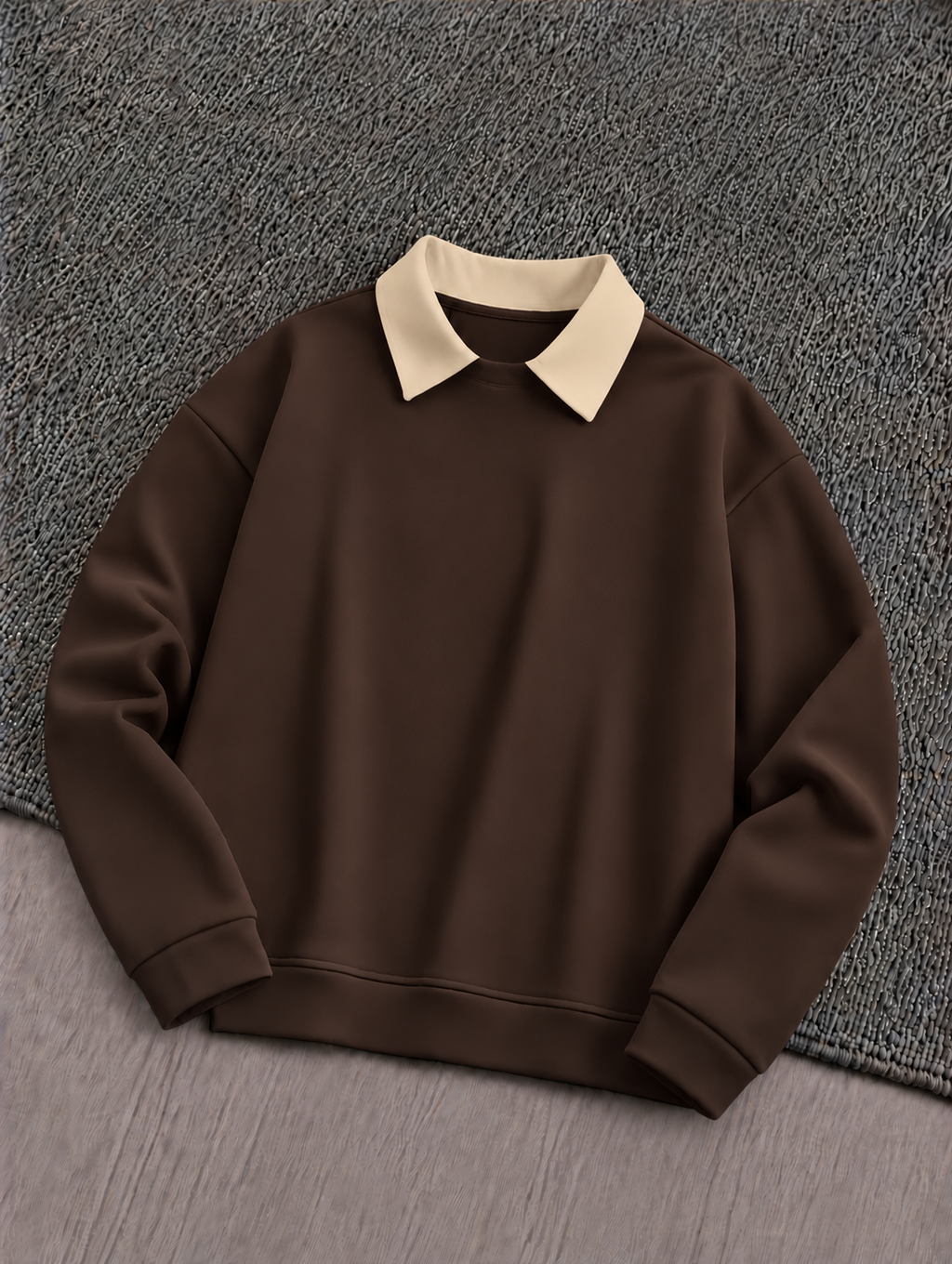 Brown Basic Winter Beige Collared Sweatshirt