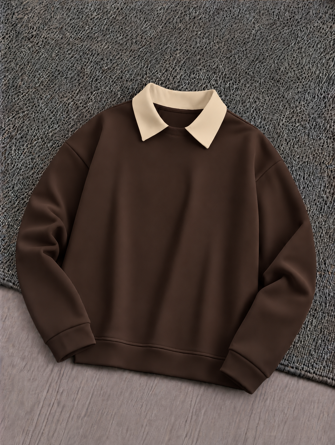 Brown Basic Winter Beige Collared Sweatshirt