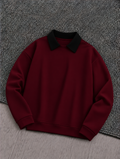Burgundy Basic Winter Black Collared Sweatshirt