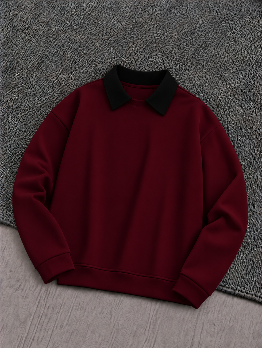 Burgundy Basic Winter Black Collared Sweatshirt