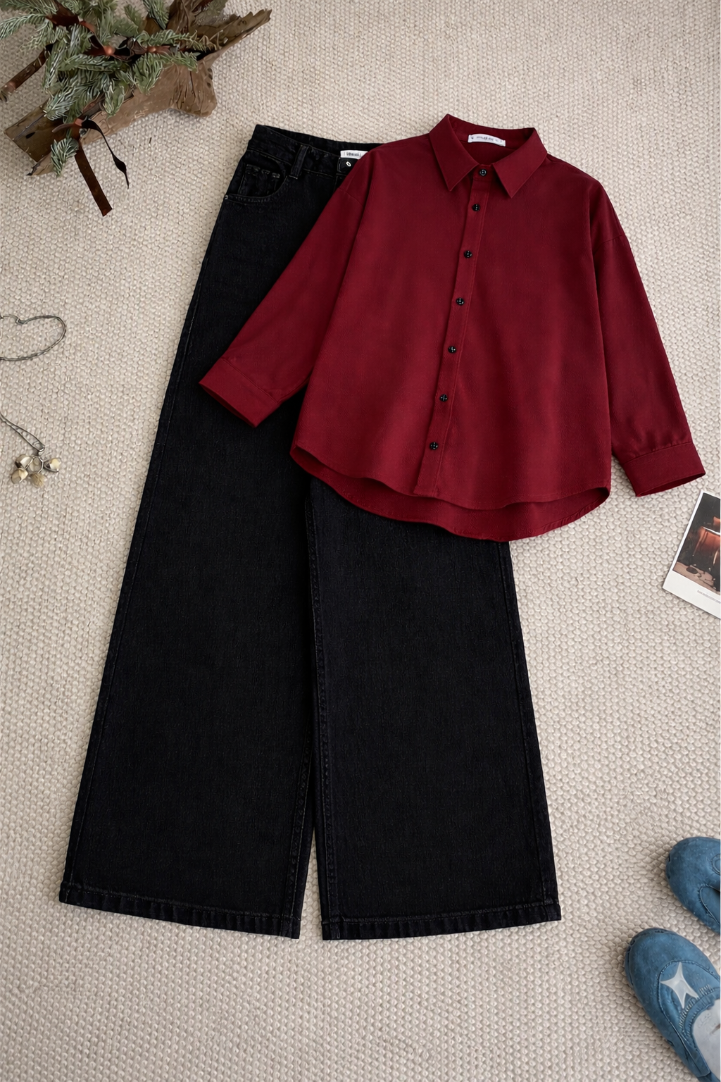 Maroon Button Down Shirt & Black Wide Leg Jeans