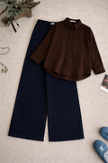 Brown Button Down Shirt & Dark-Blue Wide Leg Jeans