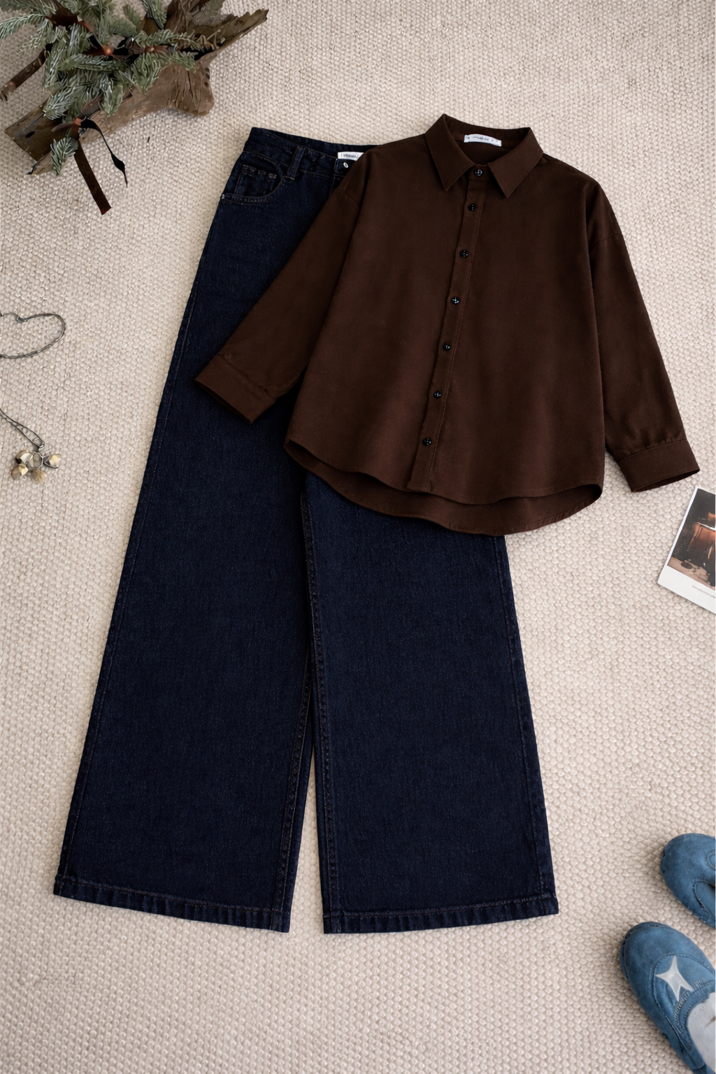Brown Button Down Shirt & Dark-Blue Wide Leg Jeans