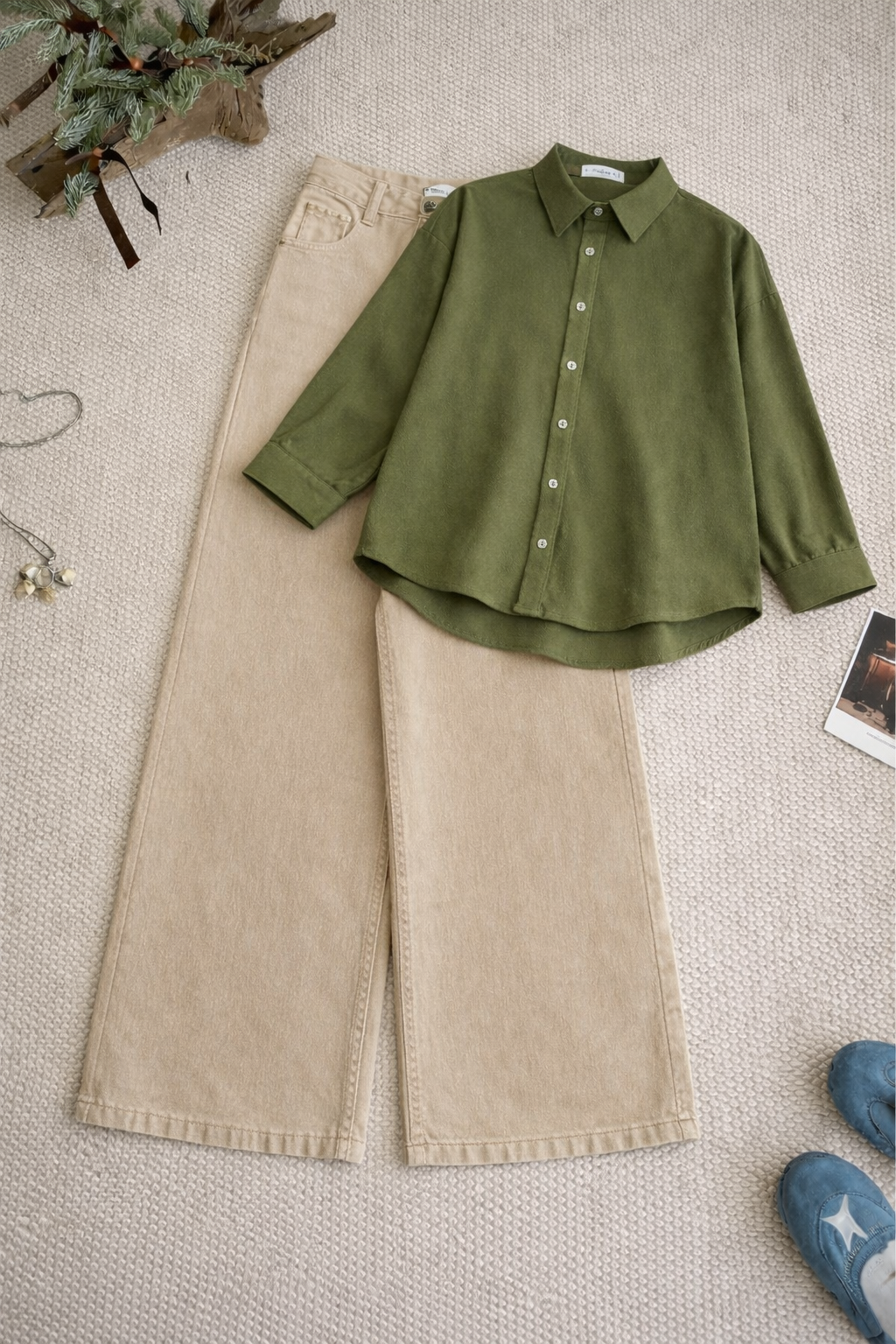 Olive-Green Button Down Shirt & Beige Wide Leg Jeans