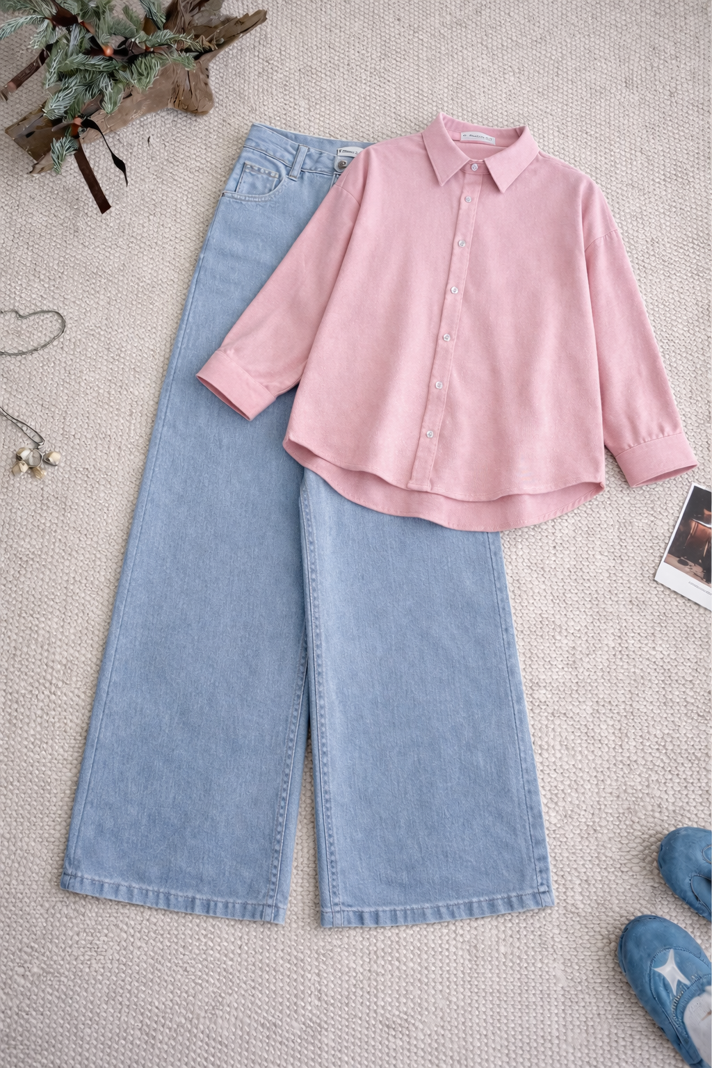 Baby-Pink Button Down Shirt & Ice-Blue Wide Leg Jeans