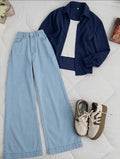 Navy-Blue Button-Down Shirt With White Tank Top & Ice-Blue Wide Leg Jeans