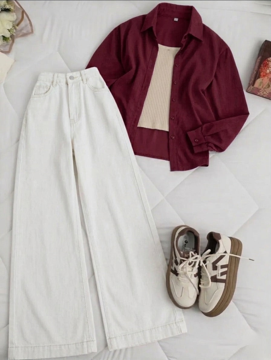 Maroon Button-Down Shirt With White Tank Top & White Wide Leg Jeans