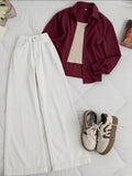 Maroon Button-Down Shirt With White Tank Top & White Wide Leg Jeans