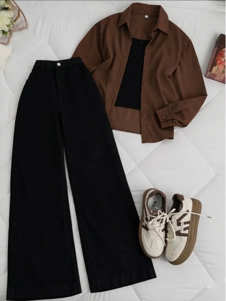 Brown Button-Down Shirt With Black Tank Top & Black Wide Leg Jeans