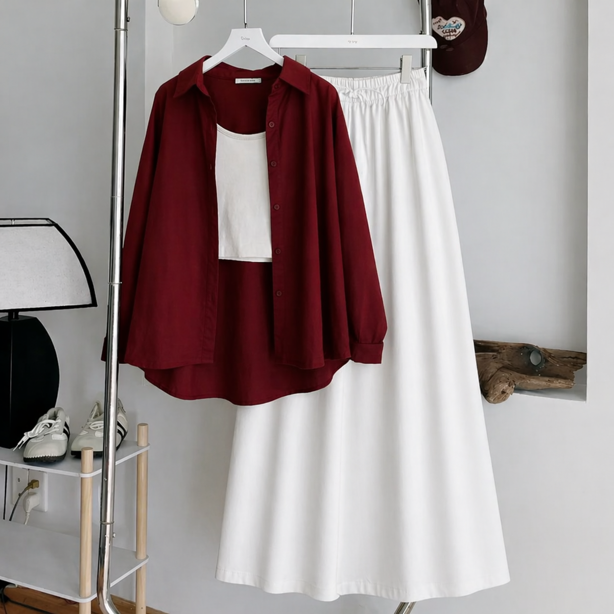 Maroon Button Down Shirt With White Inner & White Maxi Skirt