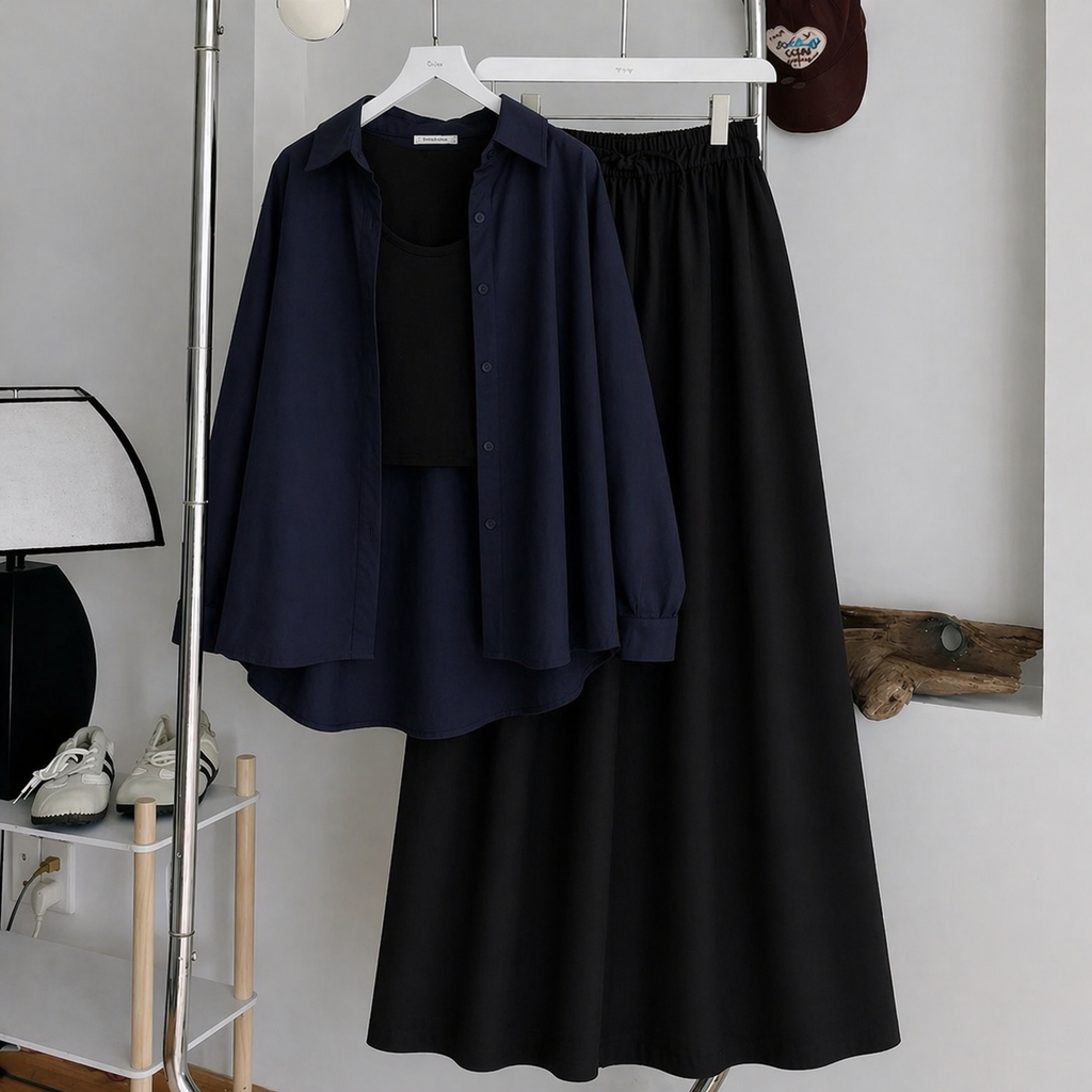 Navy-Blue Button Down Shirt With Black Inner & Black Maxi Skirt
