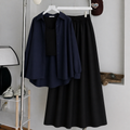 Navy-Blue Button Down Shirt With Black Inner & Black Maxi Skirt
